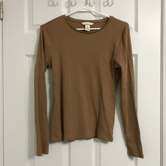 H&M Ribbed Scoop Neck Cotton Top L Dark Beige Brown Long Sleeve - Picture 1 of 3